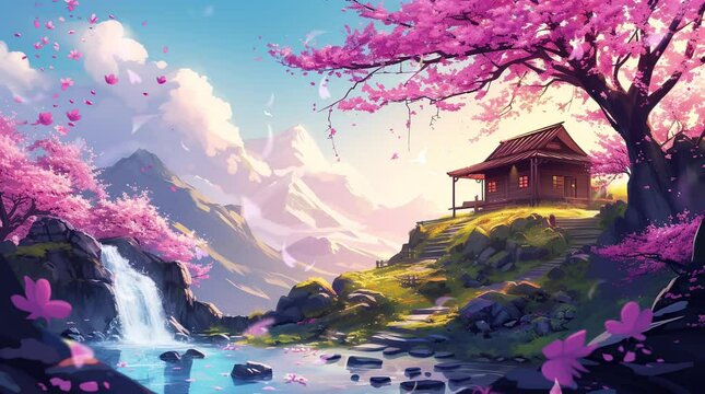 Sakura Sanctuary: Embrace the timeless charm of a traditional Japanese house perched atop a serene hill, Seamless looping 4k time-lapse virtual video animation background. Generated AI
