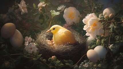 Classic drawing style of Easter egg with bird in bird nest, for Easter Day festival background - obrazy, fototapety, plakaty