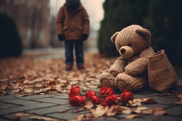 A lone teddy bear with red roses left on the street as a person walks away, symbolizing forgotten love and longing. The scene captures a poignant moment of loss and abandonment.