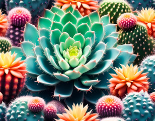 Colorful cacti and succulents. Edited AI generated image 