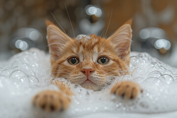 It's a bubble bath. Just be patient. Cute cat being shampooed in a grooming salon. Although he looks a little uncomfortable, he looks like he's enjoying it. Concept about cats and cleanliness. - obrazy, fototapety, plakaty