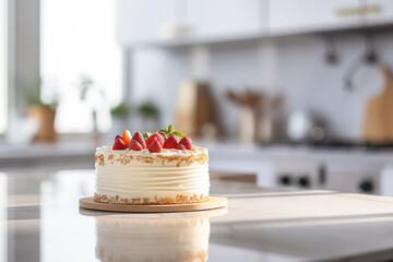 Homemade prepared cake on countertop in bright modern kitchen, Simple cake. - obrazy, fototapety, plakaty