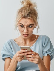 Woman in glasses looking worriedly at her cell phone with a plain background 