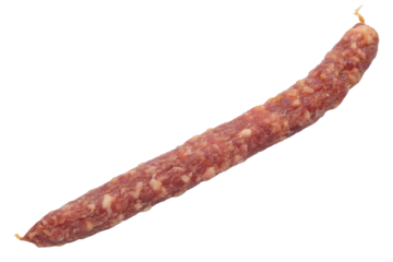 Sausages or salami. Pork or beef Kabanos sausage. Meat stick of Cabanos or Cabanossi Thin Dry Smoked Polish or Russian Sausage. Good for beer snack. High resolution food photo. Isolated background.