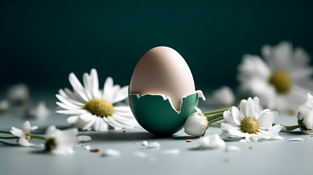Green theme Cute cracked Easter egg with white flower fall out of the shell, for Easter Day festival background