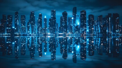 Panoramic night view of metropolis by the sea with city lights reflecting on water