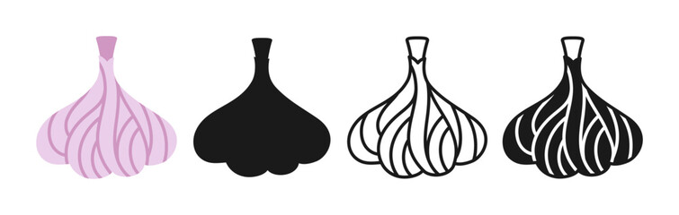 Garlic linear icon, cartoon symbol set. Hand Drawn spice spicy silhouette shape, doodle vegetable garlic cloves. Simple sign design element. Garlic bulb symbol for infographic website app logo. Vector