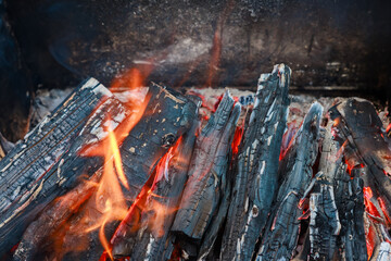 On a dark background, wooden logs are burning.