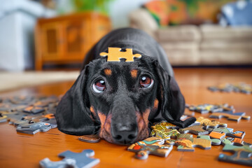 Portrait of tired dachshund dog lying on floor with puzzle pieces on his head. Puzzle for puppy, development of mind and logic, mental training Mental stress for a pet, education, training overwork