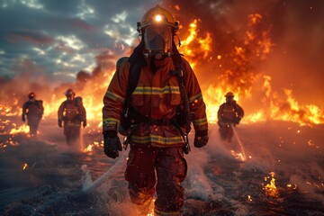 A heroic firefighter marches through immense flames, demonstrating utmost resilience