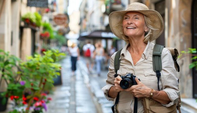 Smiling female tourist with camera, blurred background, copy space, travel and sightseeing concept
