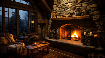 Fototapeta na wymiar Cozy Winter Cabin: Indoor Warmth contrasted with Outdoor Chill, Featuring Stone Fireplace