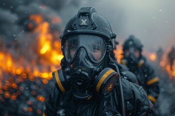 A firefighter in protective gear stands poised against a dramatic backdrop of intense flames and smoke