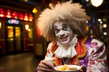 Fototapeta premium A mysterious clown with a disheveled white afro wig and black-painted eyes stands in a dimly lit room holding a silver plate of enigmatic food, surrounded by shadows.