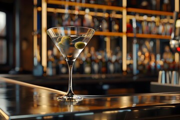 A high-detail image of a martini glass with an olive sitting on a bar counter The martini is on the edge of the bar with blurred details of liquor bottles in the background taken with a tilt-shift len - obrazy, fototapety, plakaty