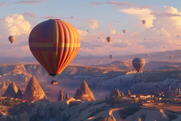 Experience the breathtaking view of hot air balloons floating over a desert city in the style of  This captivating illustration is perfect for adding a touch of adventure and natural beauty to your pr - obrazy, fototapety, plakaty