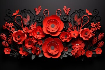 Red paper flowers and butterflies on a dark background. 3D rendering of intricate paper flowers with delicate details. Ideal for greeting cards, wedding invitations, and elegant decorations.