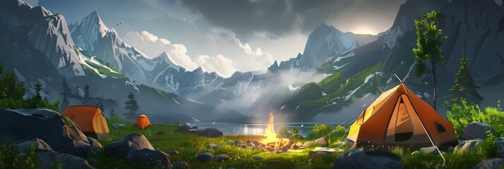 An image depicting two tents set up next to a campfire with a mountain view in the background in the style of digital fantasy landscapes Perfect for those who enjoy the outdoors camping and the beauty
