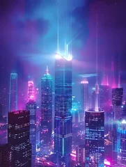 Schilderijen op glas A modern city skyline is lit up by the glow of neon lights at night creating a striking and futuristic scene in digital fantasy landscapes style © Songyote