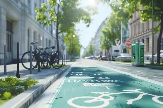 Stylized 3D image of a green cycle lane with bicycles and pedestrians in a city setting