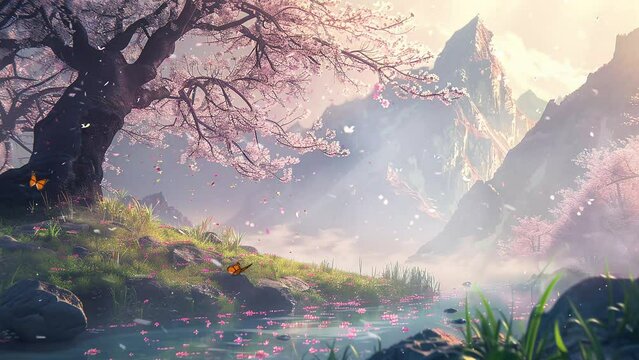 beautiful nature scene with mountain and pink tree. art spring background. seamless looping overlay 4k virtual video animation background