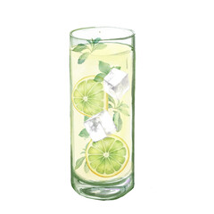 Watercolor illustration of a Mojito . isolated.
Colorful watercolor hand-painted illustration of an alcoholic beverage with limes and mint  in a tall glass