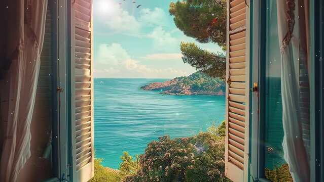 open window view of the sea good weather summer. seamless looping overlay 4k virtual video animation background