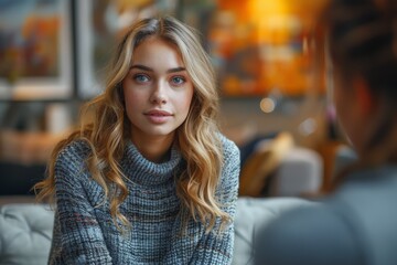 Attractive young woman with blonde hair in a bulky sweater engaged in a discussion