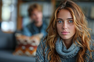 Close-up of a young lady with striking blue eyes and a thick scarf in a home-like ambiance - obrazy, fototapety, plakaty