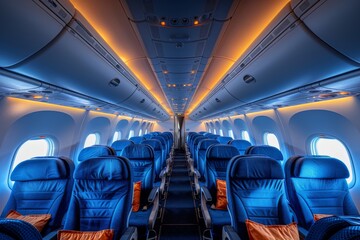 Inside view of an airplane's cabin with neatly arranged seating and atmospheric blue lighting setting a calm ambiance - obrazy, fototapety, plakaty