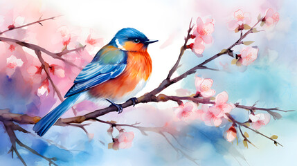 bird on the branch of a tree made with watercolor - obrazy, fototapety, plakaty