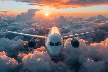 The head-on view of an airplane with the sunset behind the clouds, emphasizing the grandeur of flying - obrazy, fototapety, plakaty