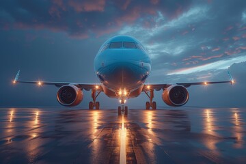 A commercial airplane sits on the tarmac under a dramatic night sky, lit up by ground lights reflecting on wet concrete - Powered by Adobe
