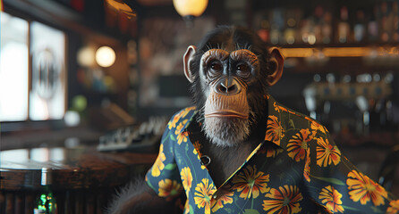 a monkey is wearing a dj shirt at a restaurant