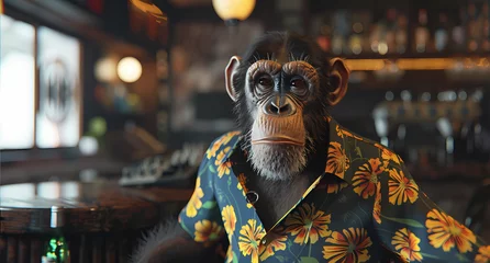 Fototapeten a monkey is wearing a dj shirt at a restaurant © ginstudio