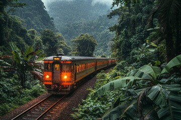 An orange train moves through a dense green jungle with a mystical and adventurous feel, surrounded...