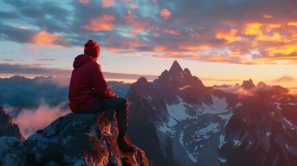Obraz premium A climber sitting on a rock at the top of a beautiful mountain looking at the sky at dawn. generative AI