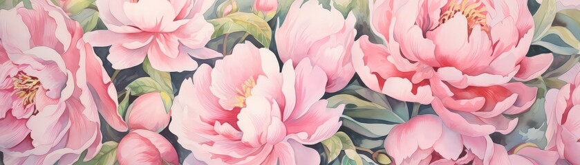 Peony garden from a birds eye view high angle watercolor tone pastel 3D Animator