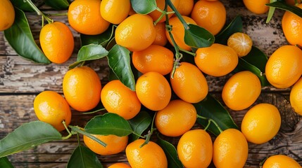 Kumquats on wooden table. Rustic tabletop with kumquats. Top view