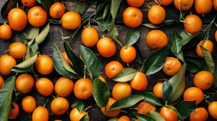 Kumquats on wooden table. Rustic tabletop with kumquats. Top view