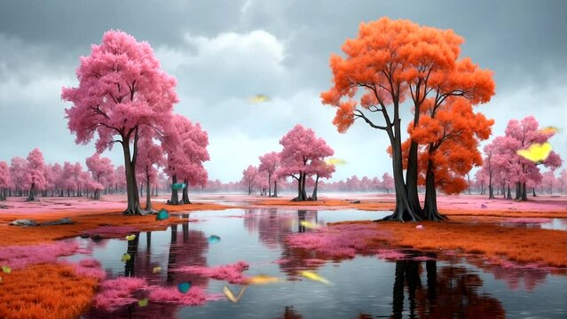 Trees with pink leaves and orange flowers bloom at the edge of the swamp butterflies dance happily in spring.. Seamless looping 4k time-lapse animation video background