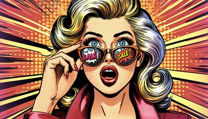  A comic book style scene, focusing on a woman with either blonde hair looking over her sunglasses at a SALE - obrazy, fototapety, plakaty