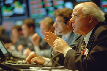 dynamic stock trading scene with sharp-suited traders