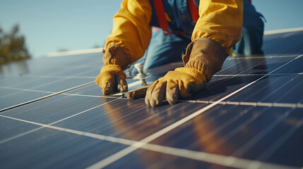 close-up of solar panel maintenance with technician - obrazy, fototapety, plakaty