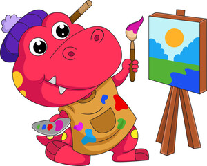 Cute little dinosaur cartoon painting on canvas