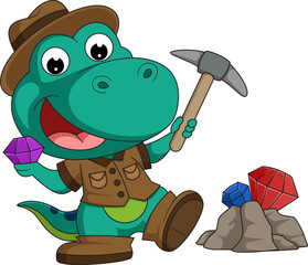 Cute little dinosaur cartoon diamond miner