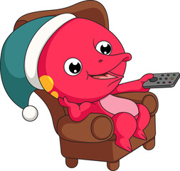 Cute little dinosaur cartoon sitting on armchair switching channels with remote