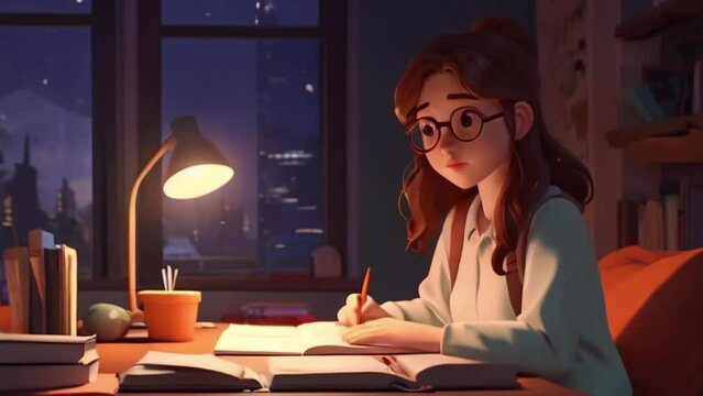 Lo fi music aesthetic is enhanced through a 4K video footage featuring 2D cartoon character animation set in a cozy bedroom interior, perfect for late-night studying with a captivating background