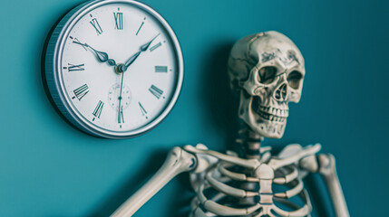 A skeleton is standing next to a clock with the hands on the number 12 and 3. The skeleton is wearing a white shirt and has a smile on its face. The clock is set to the time of 12:03