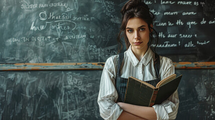 A woman is standing in front of a chalkboard with a book in her hand. She is wearing a white shirt and apron
